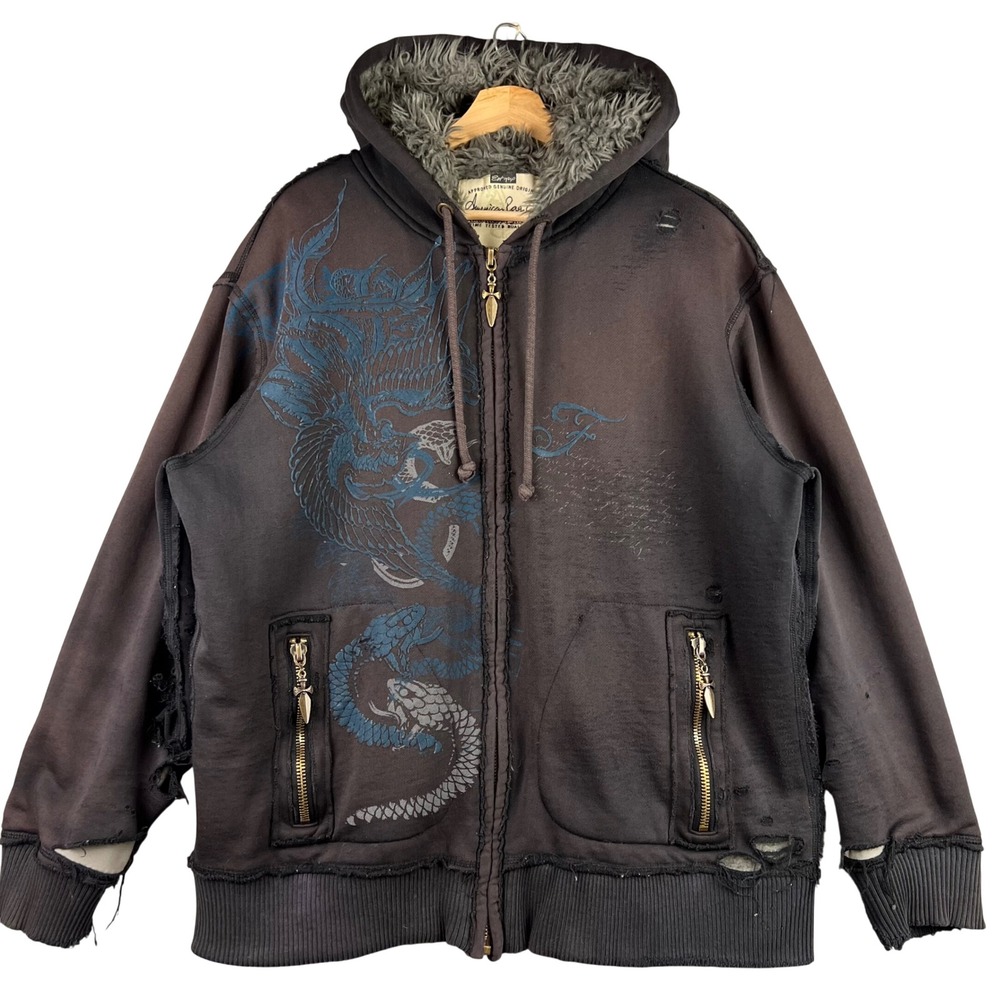 American Rag Cie Mens XL Distressed Dragon Graphic Faux Fur Zip Hoodie Brown